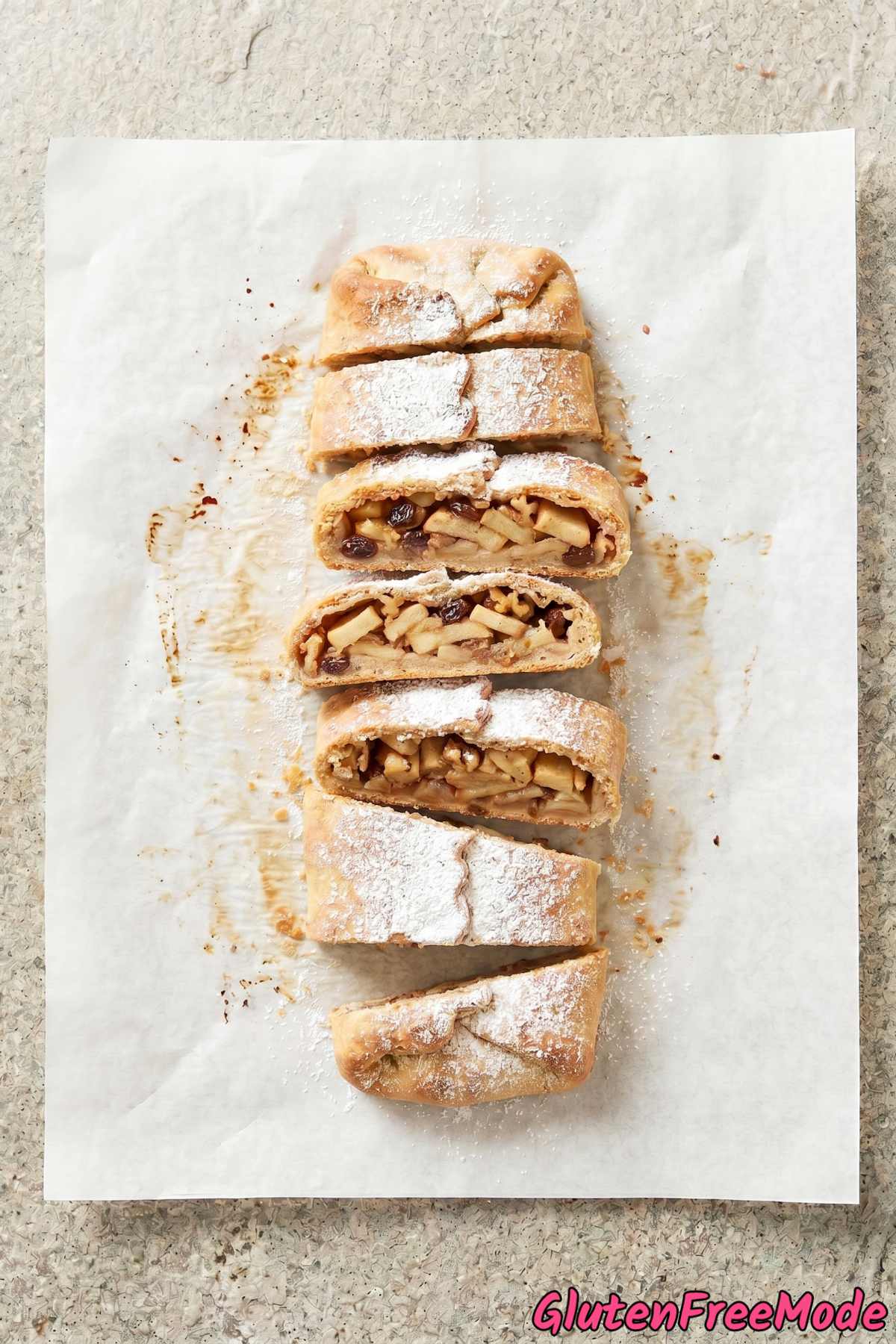 Flaky gluten free apple strudel closeup