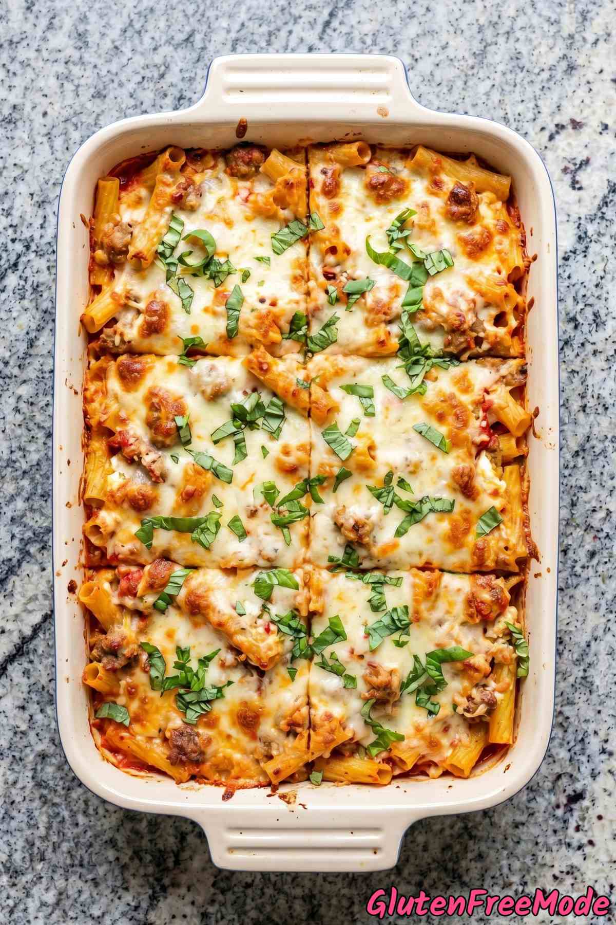 Savory gluten free baked ziti portion