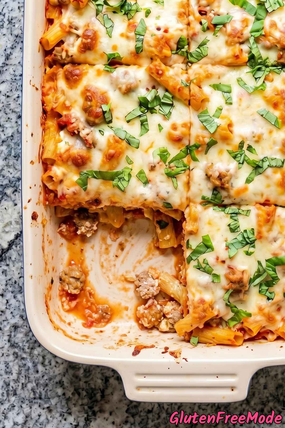 Comforting gluten free baked ziti serving