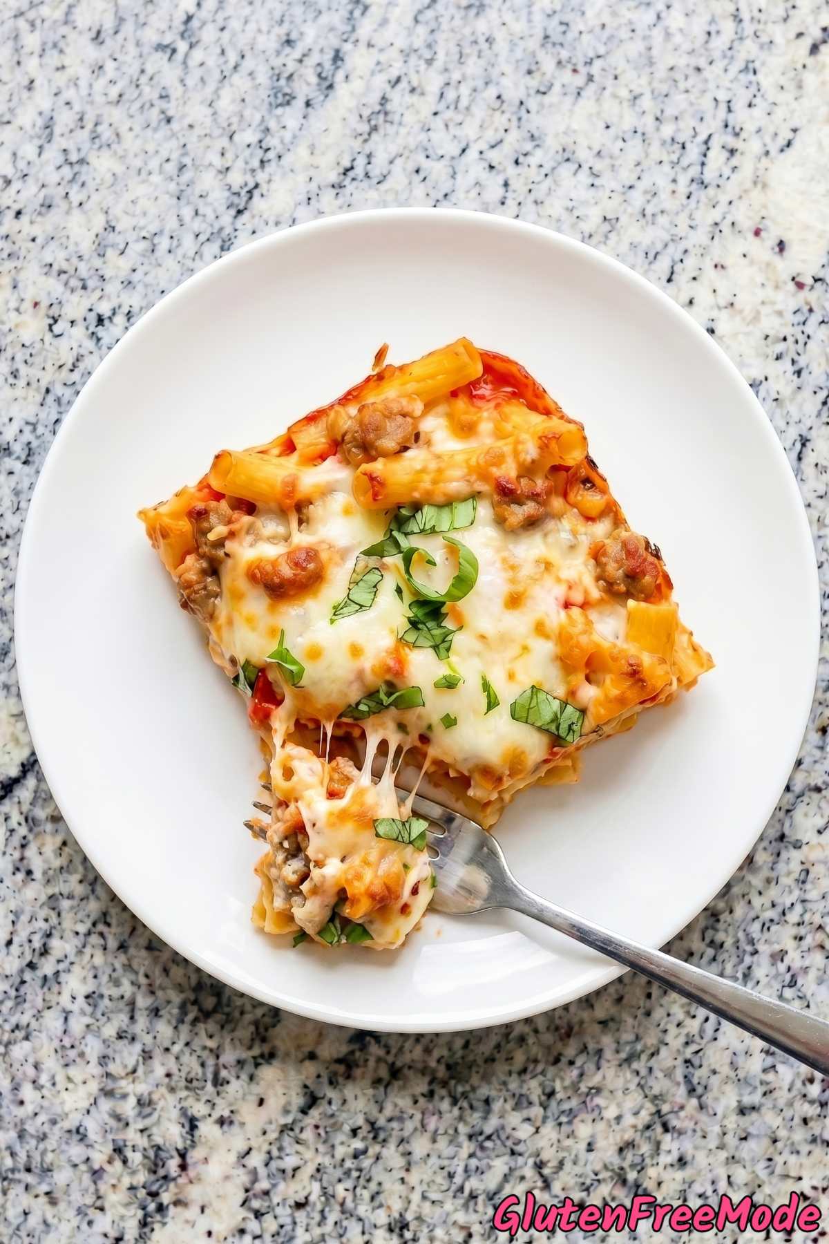 Bubbling gluten free baked ziti casserole
