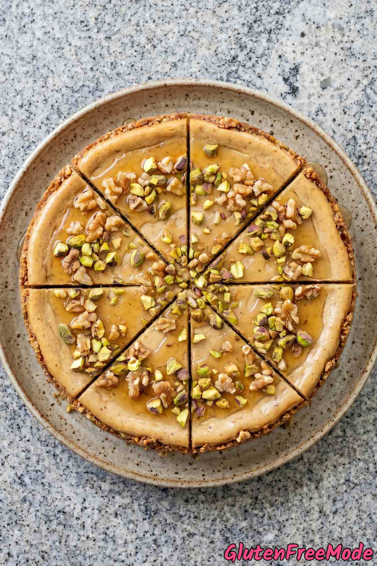 Golden gluten free baklava cheesecake dessert