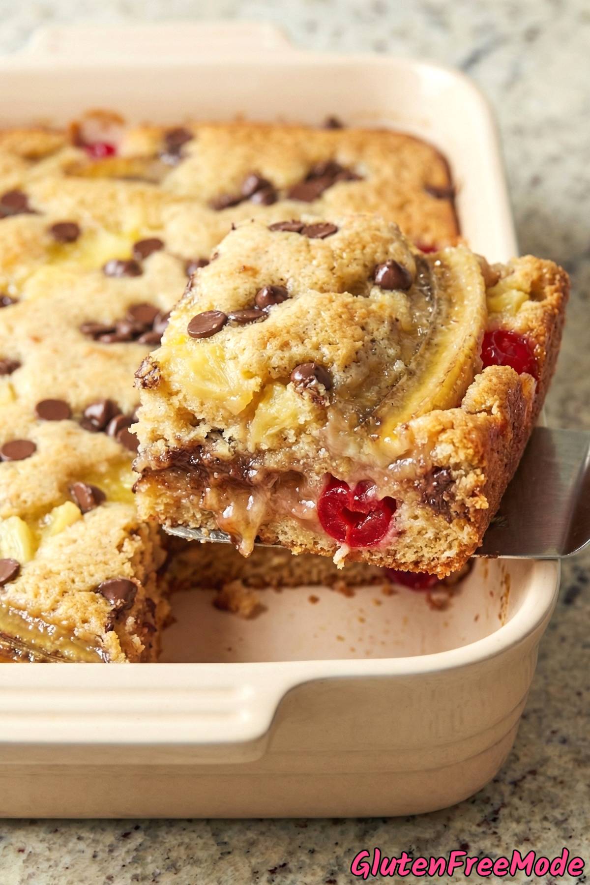 Decadent gluten free banana split dump cake