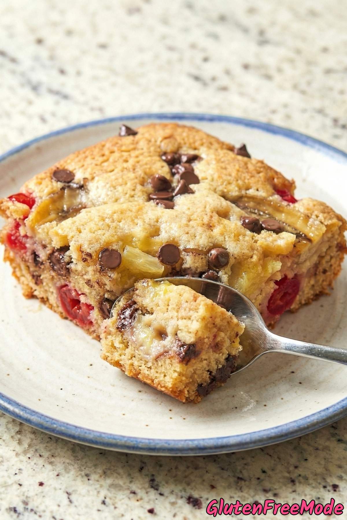 Sweet gluten free banana split dump cake closeup