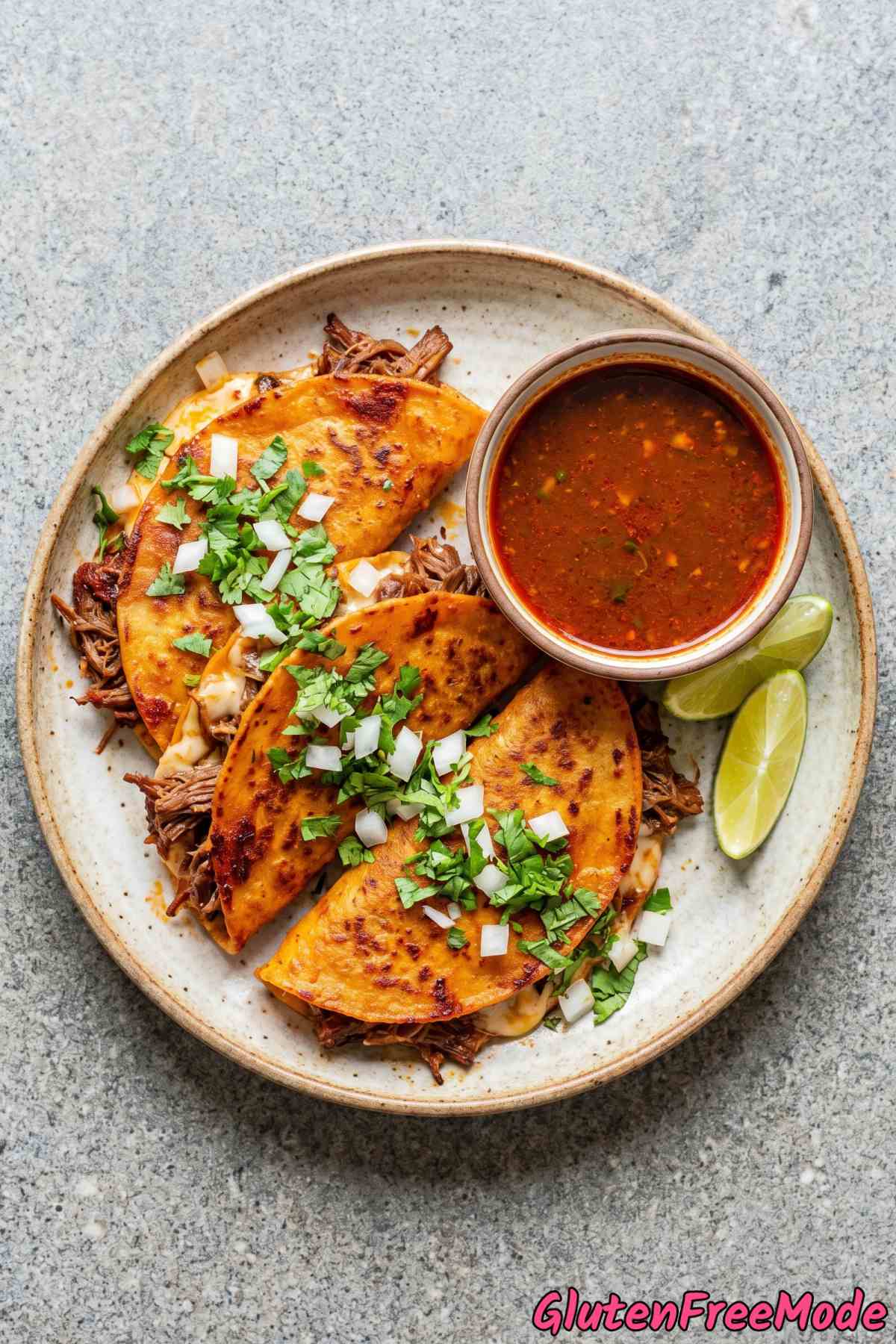 Tender gluten free beef birria tacos