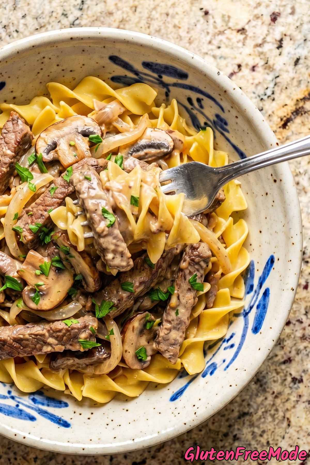 Tender gluten free beef stroganoff served