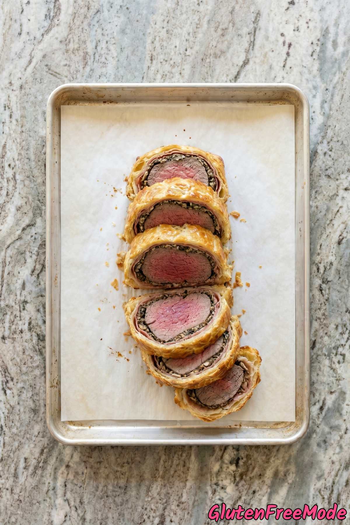 Juicy gluten free beef Wellington on plate