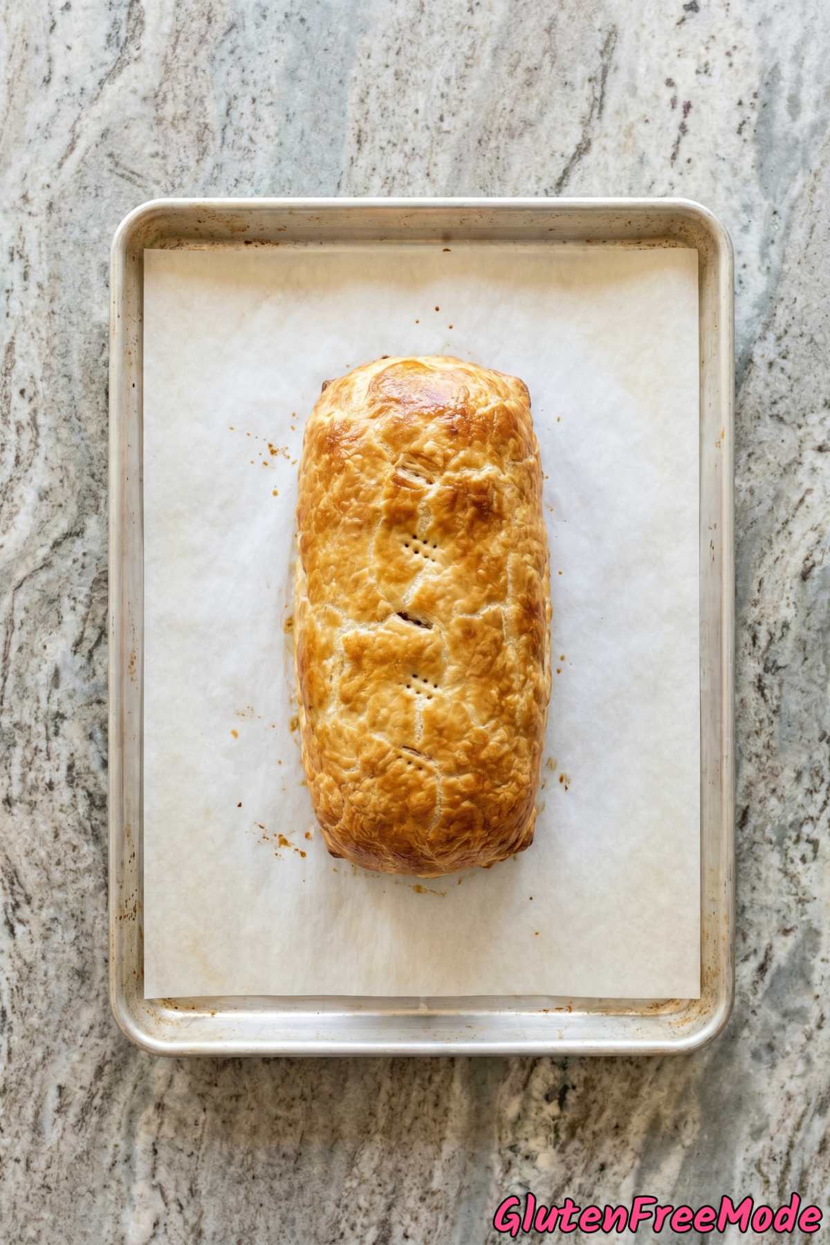 Golden gluten free beef Wellington serving