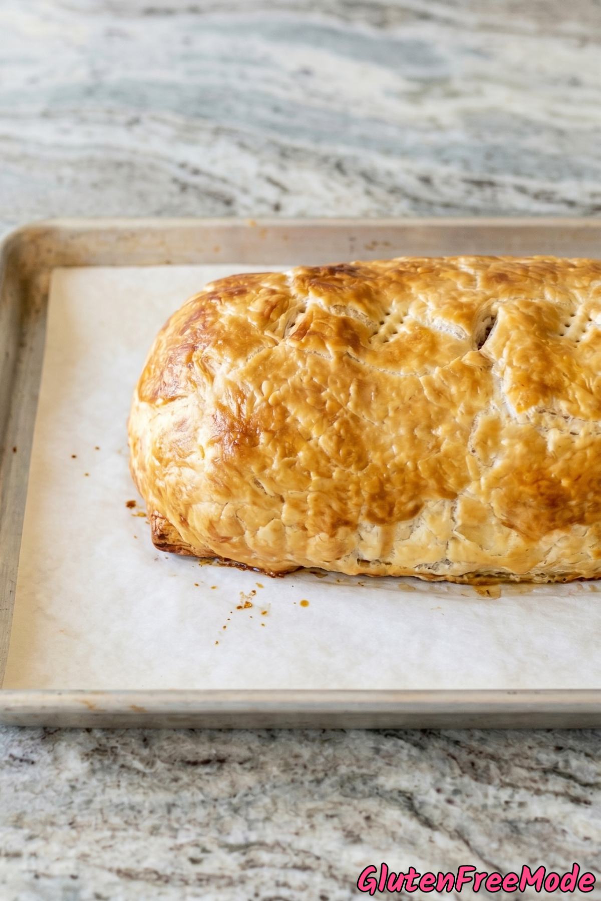 Flaky gluten free beef Wellington closeup