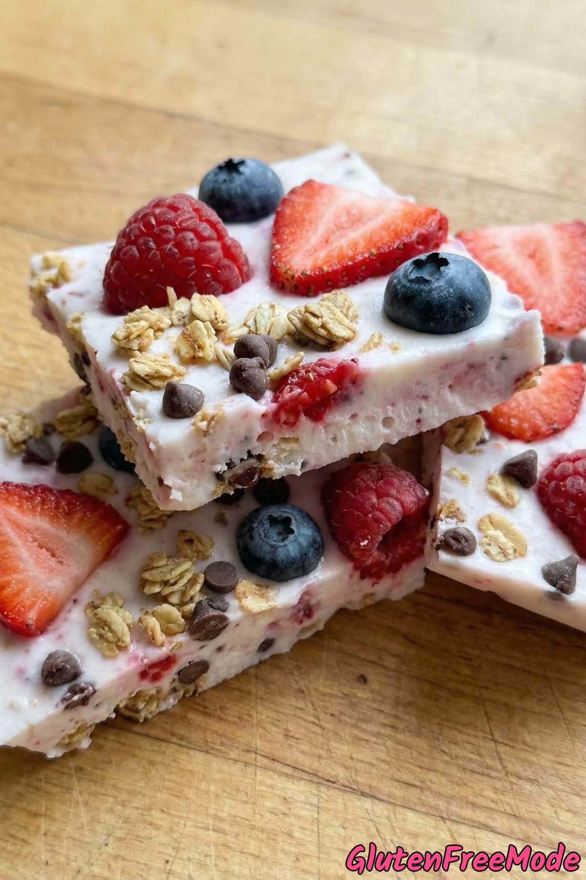 Creamy gluten free berry yogurt bark closeup