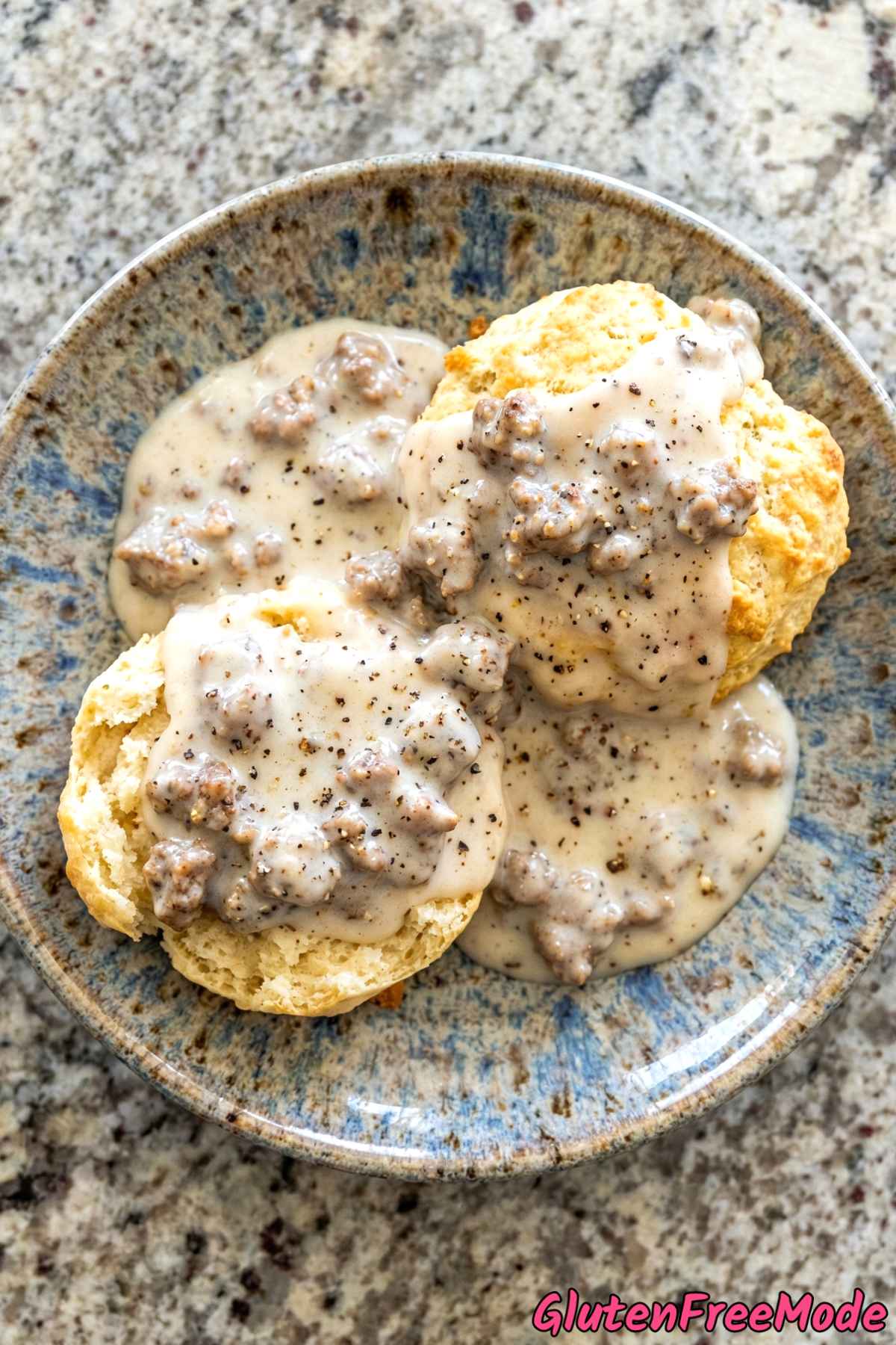 Warm gluten free biscuits & sausage gravy