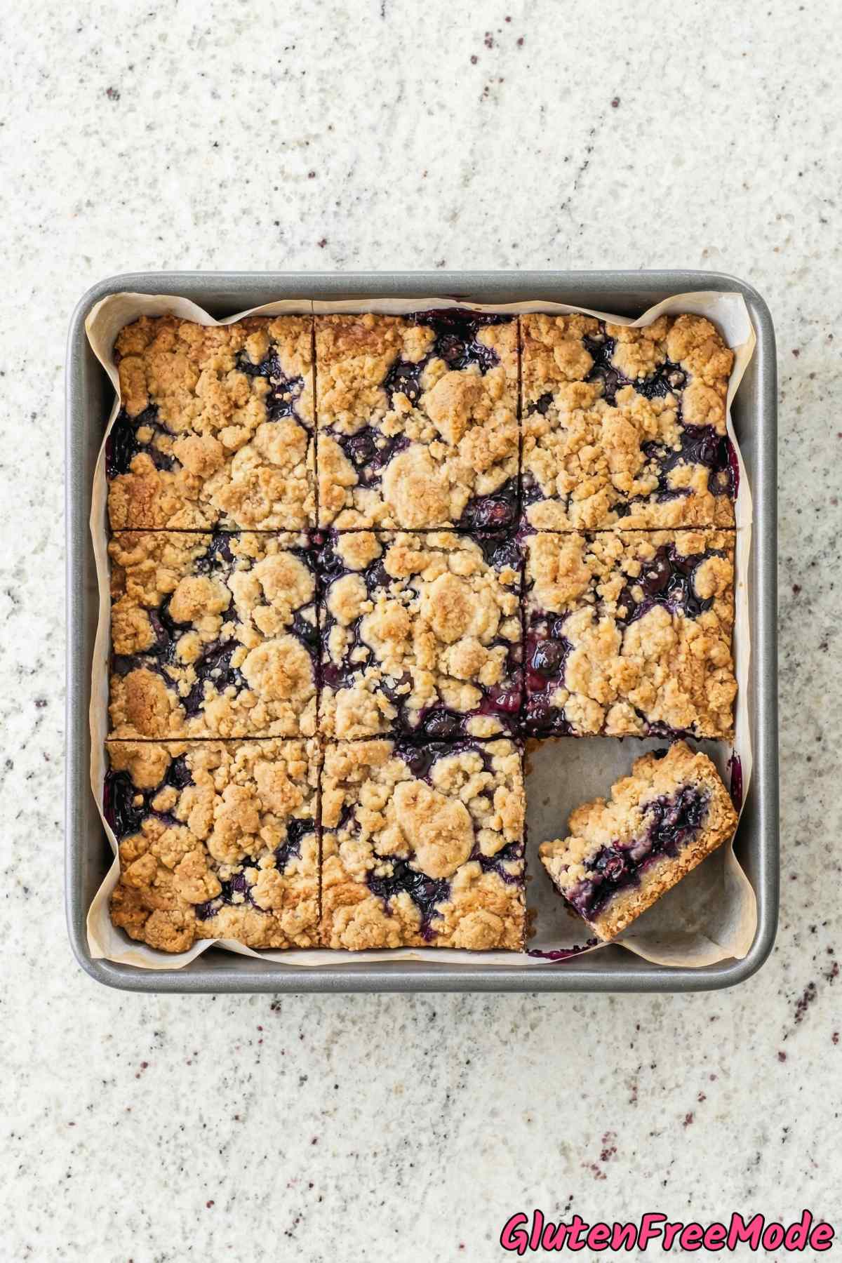 Golden gluten free blueberry crumble bars