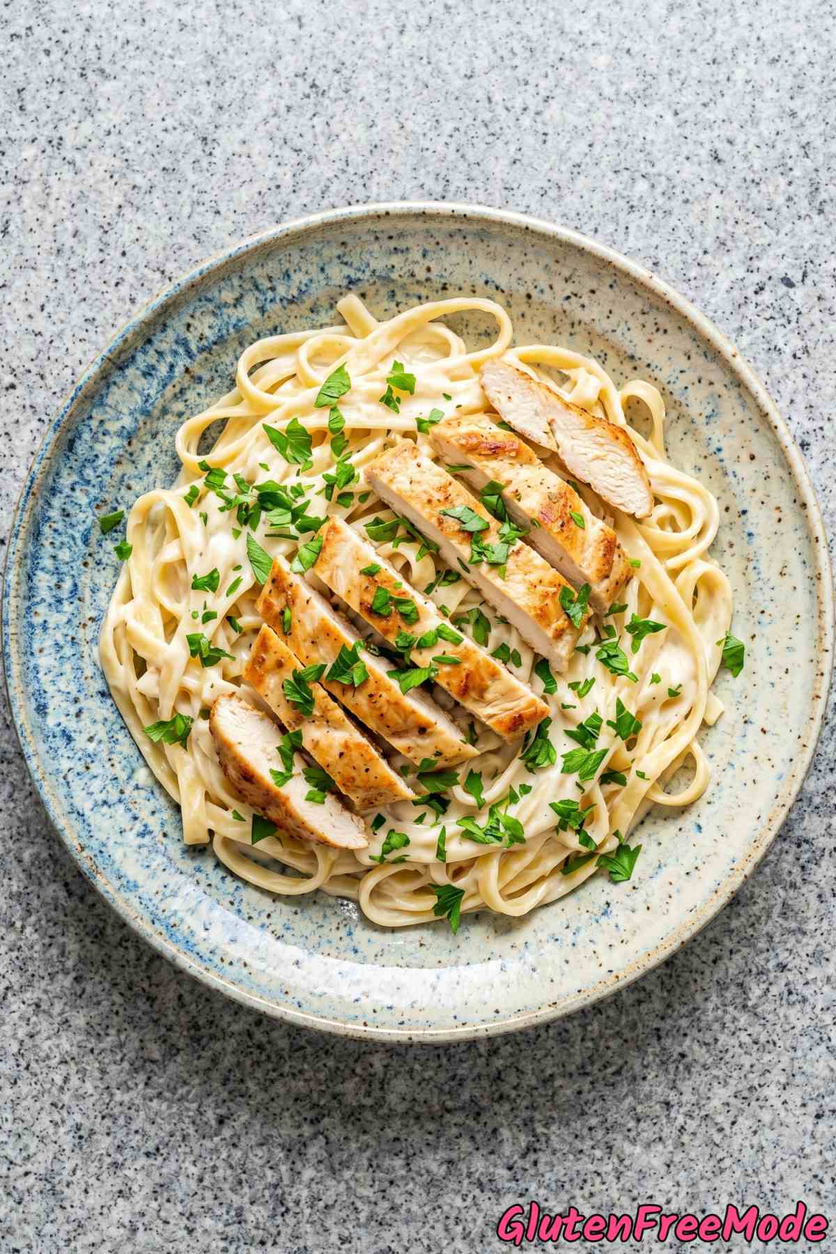 Warm gluten free chicken alfredo serving
