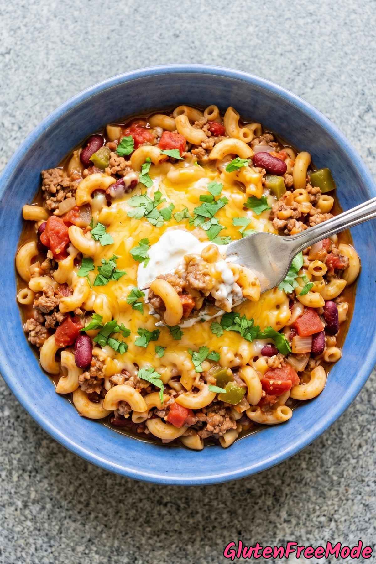 Savory gluten free chili mac served warm