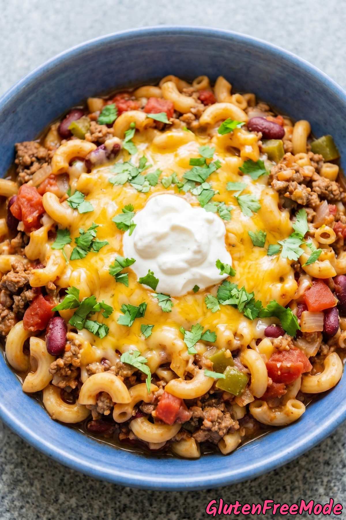 Homemade gluten free chili mac on table