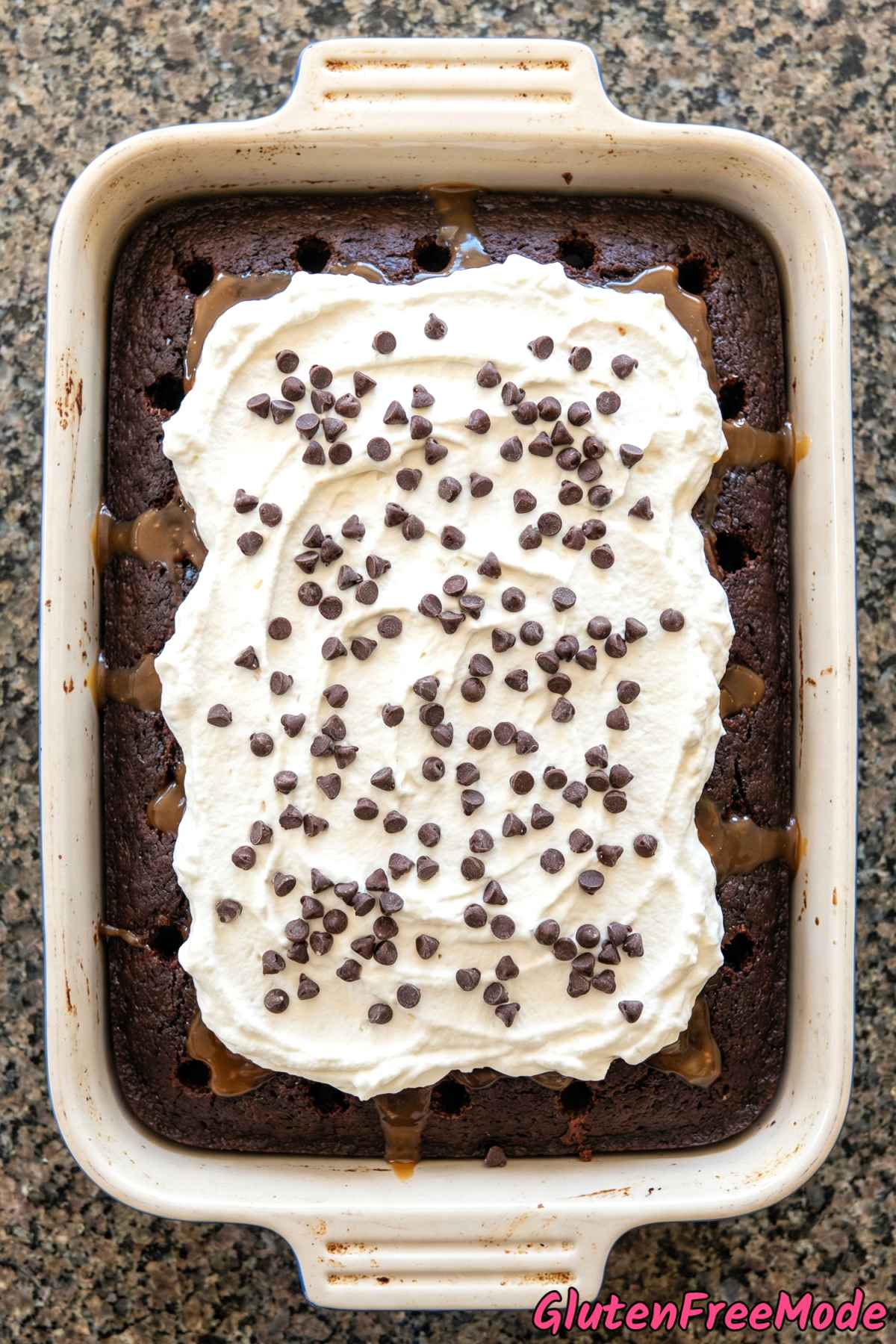 Gluten free chocolate caramel poke cake closeup