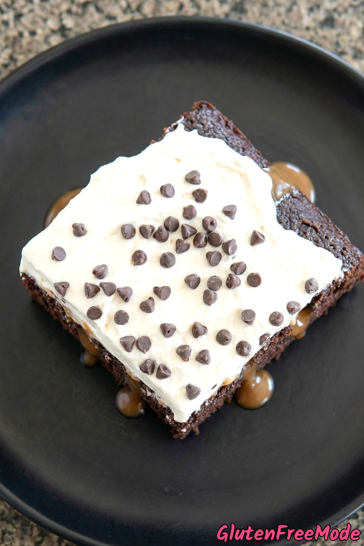 Gluten free chocolate caramel poke cake served