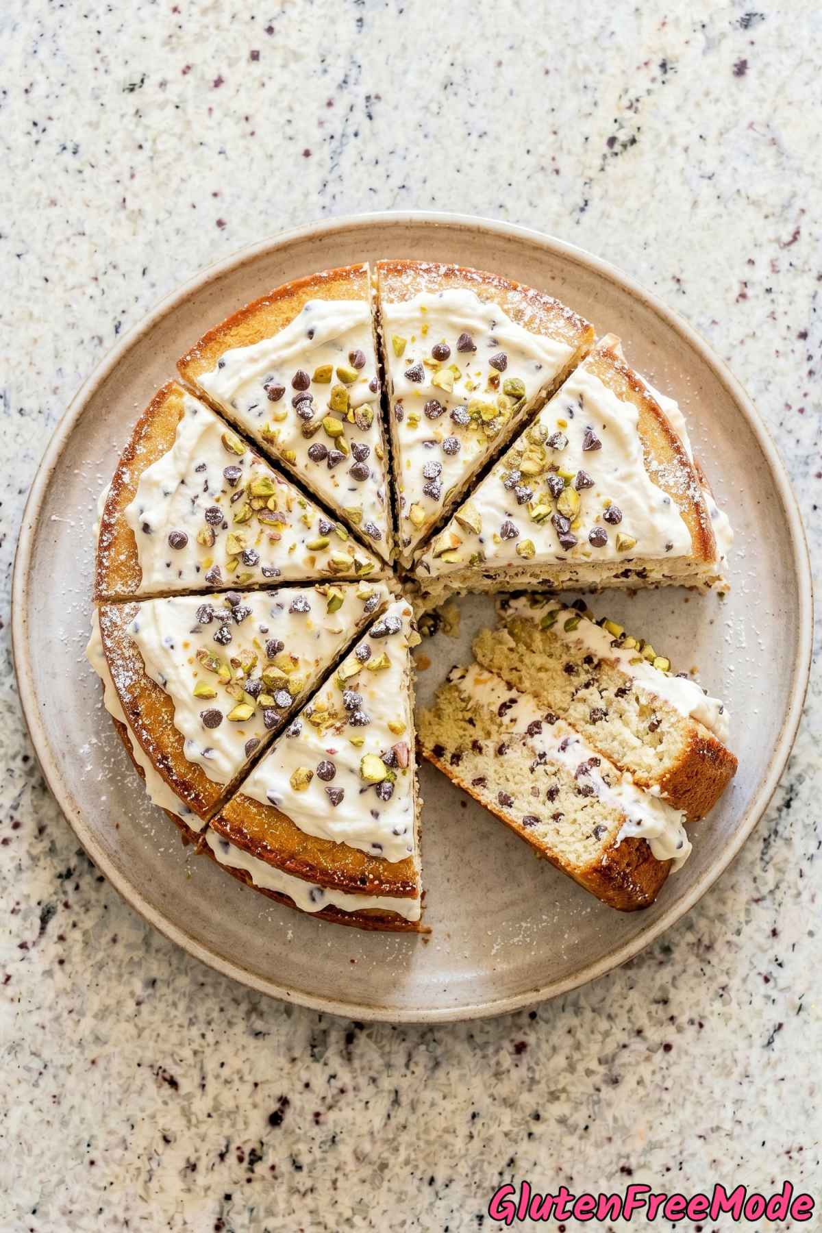 Rich gluten free chocolate chip cannoli cake