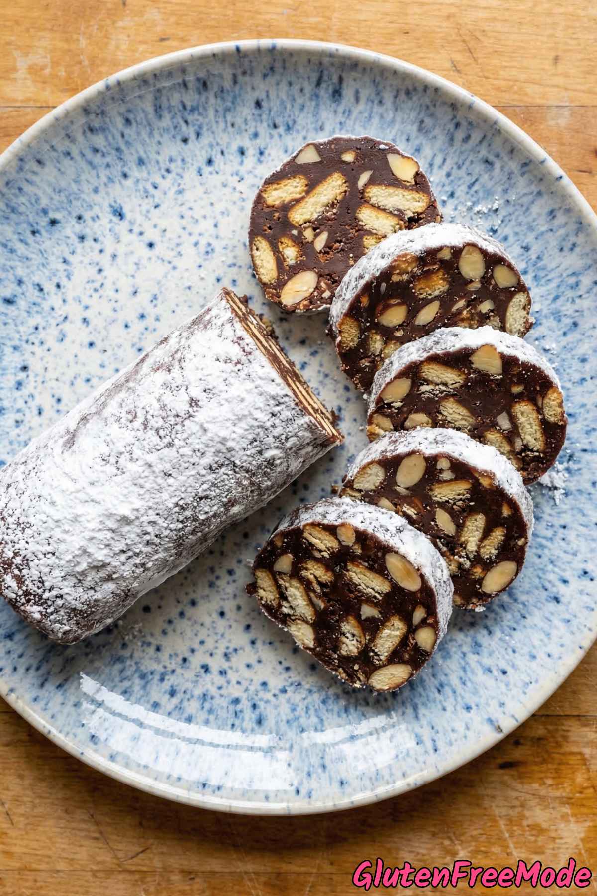 Gluten free chocolate salami sliced on a board