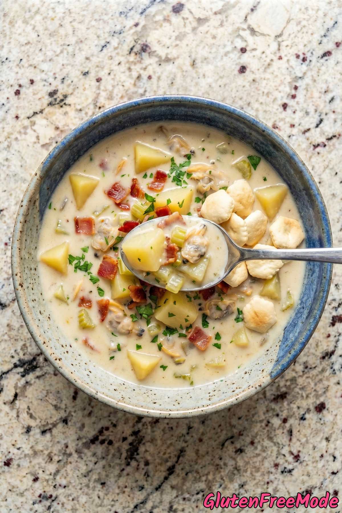 Savory gluten free clam chowder in a crock