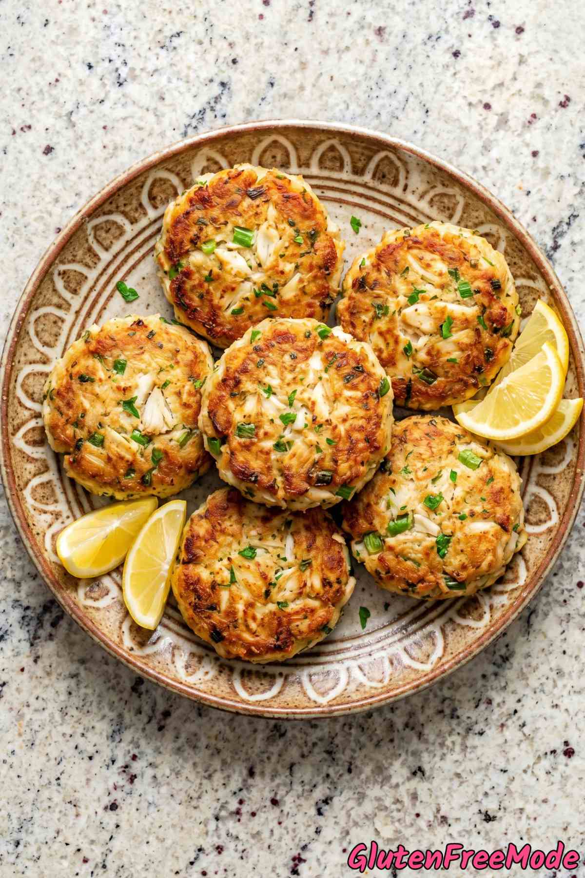 Tender gluten free crab cakes with garnish