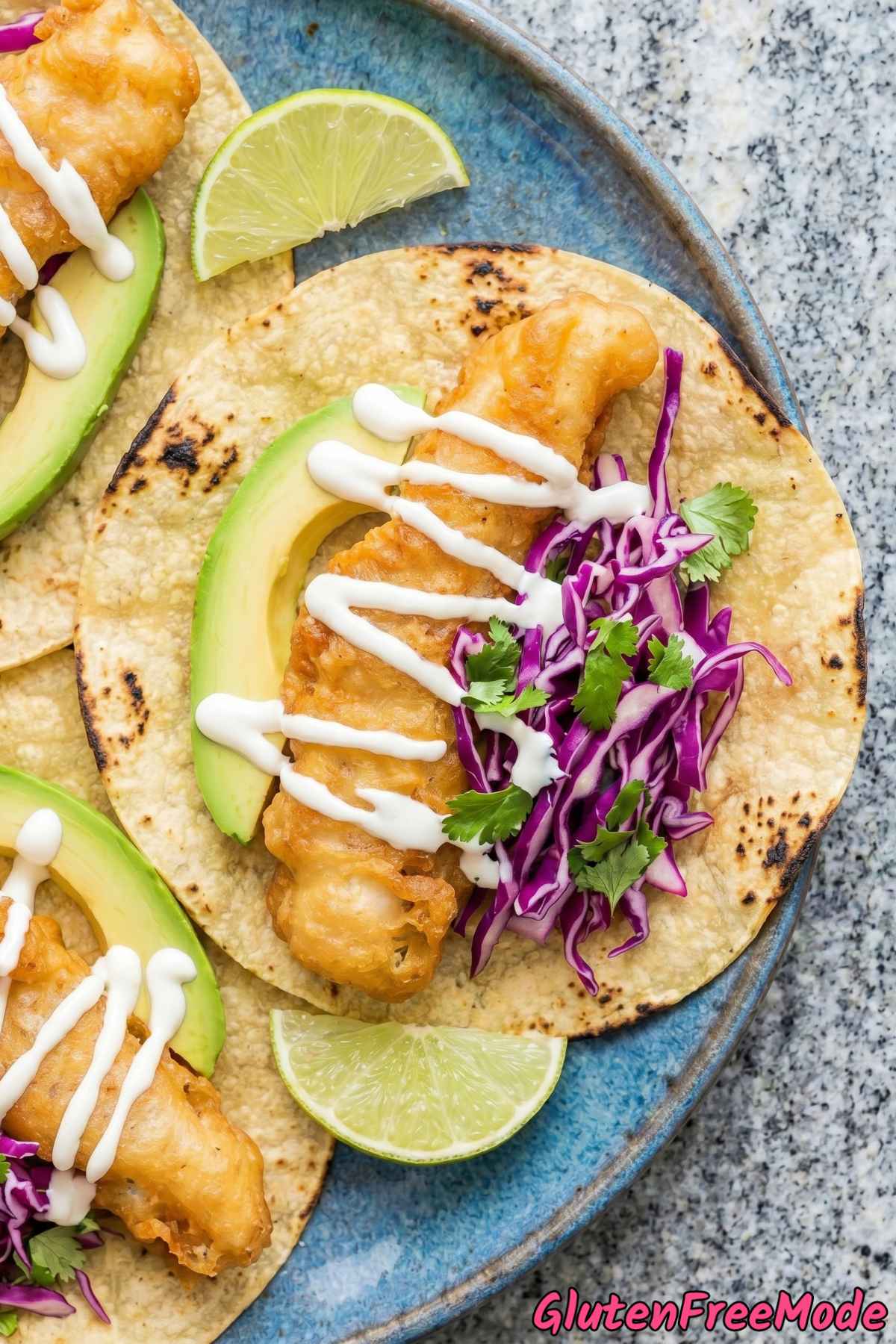 Golden gluten free crispy fish tacos