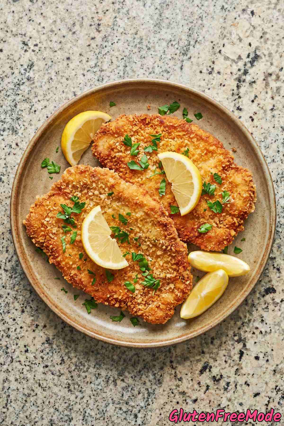 Juicy gluten free pork schnitzel close up