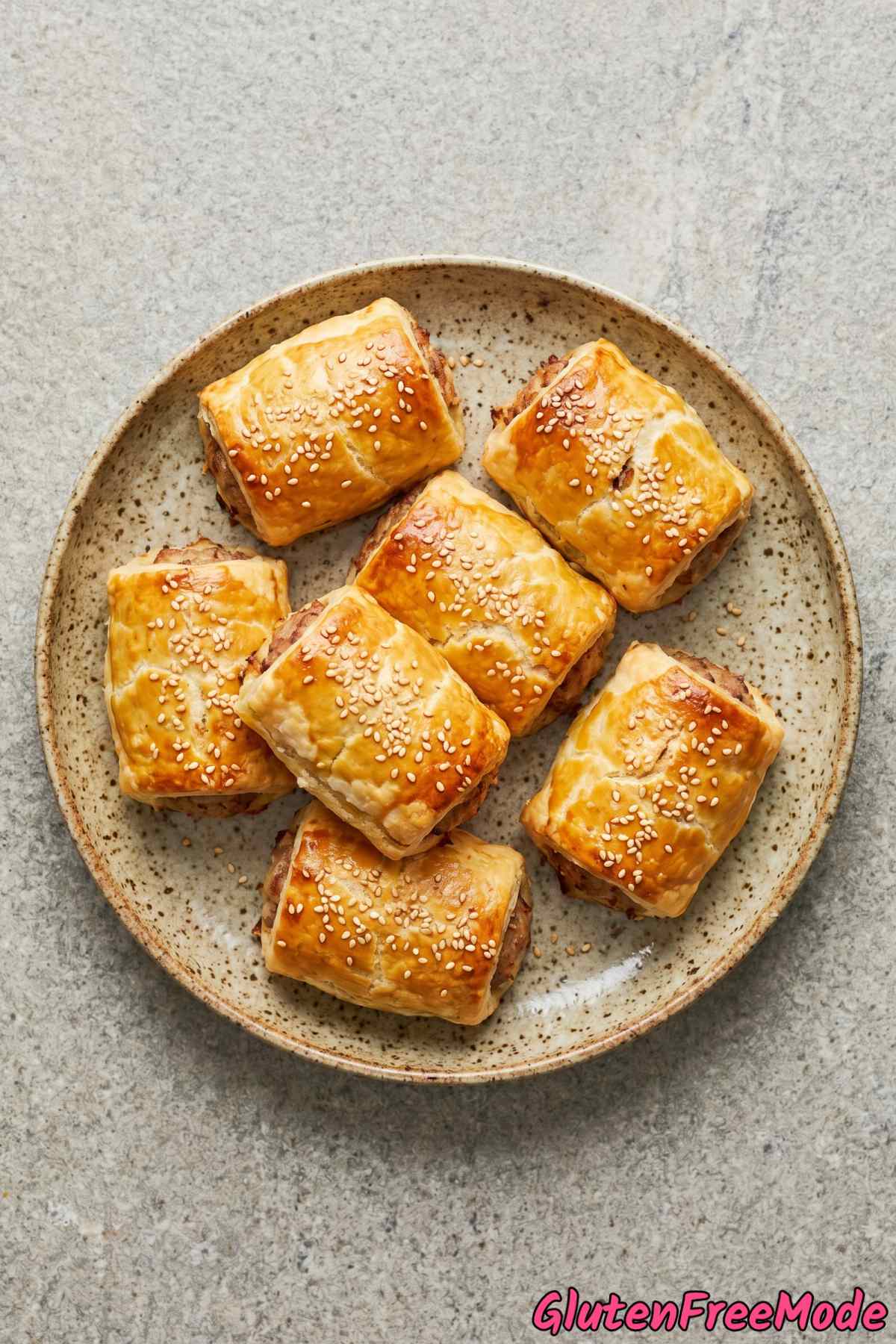 Warm gluten free crispy sausage rolls served