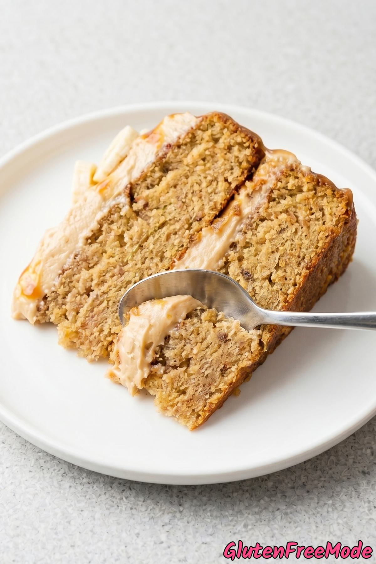 Soft gluten free dulce de leche banana cake