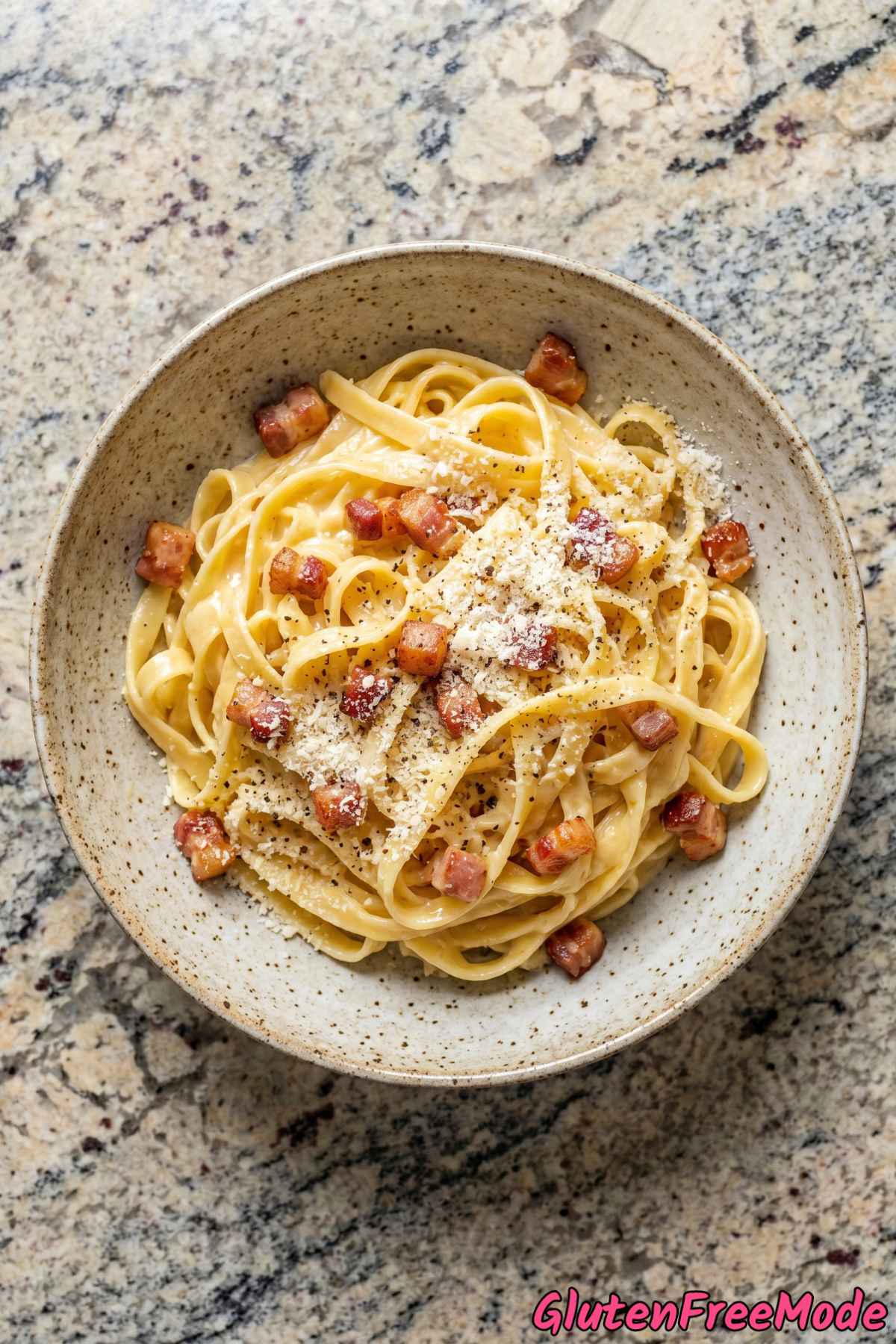 Indulgent gluten free fettuccine carbonara