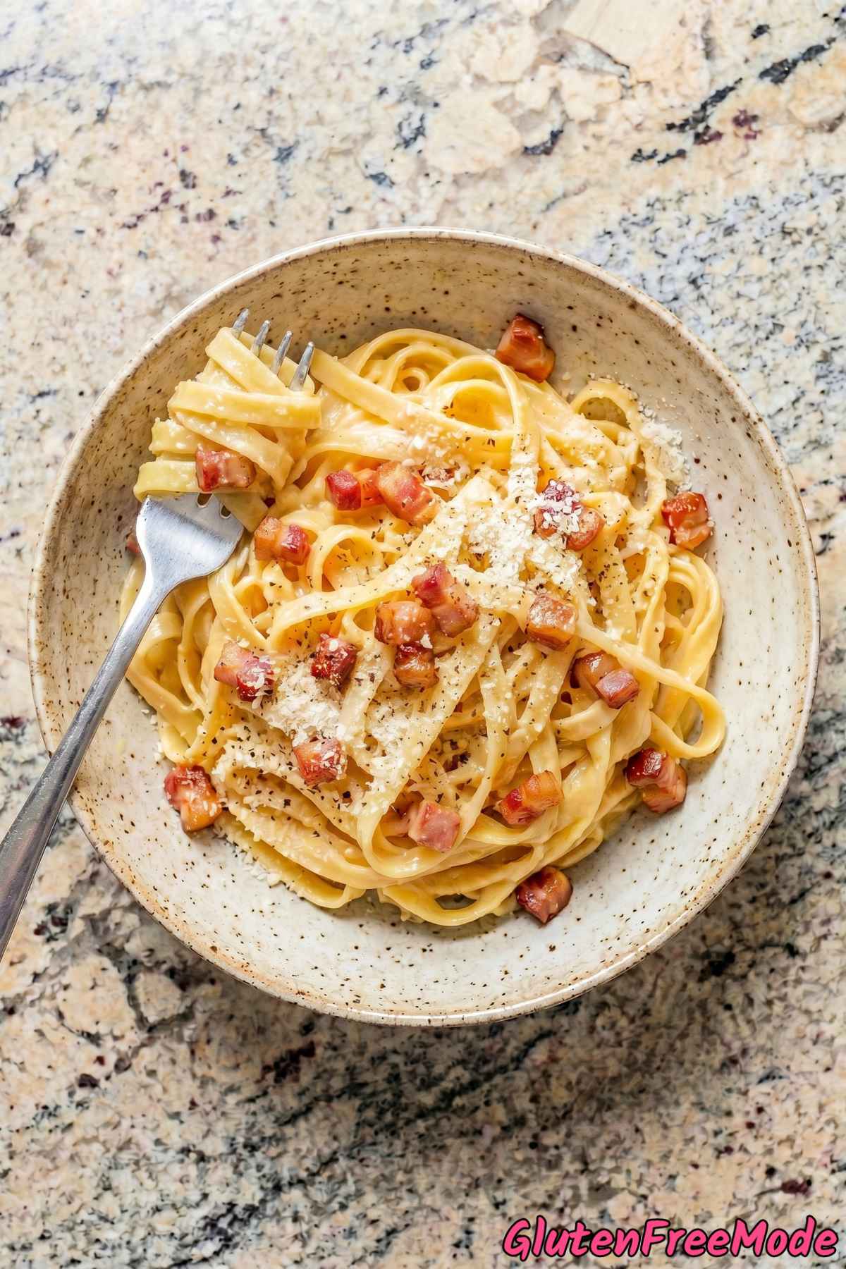 Silky gluten free fettuccine carbonara bowl