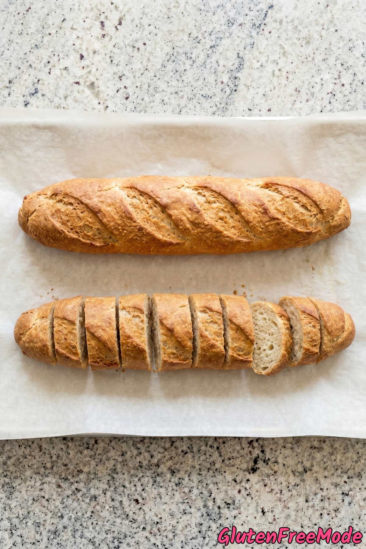 Warm gluten free French baguette sliced