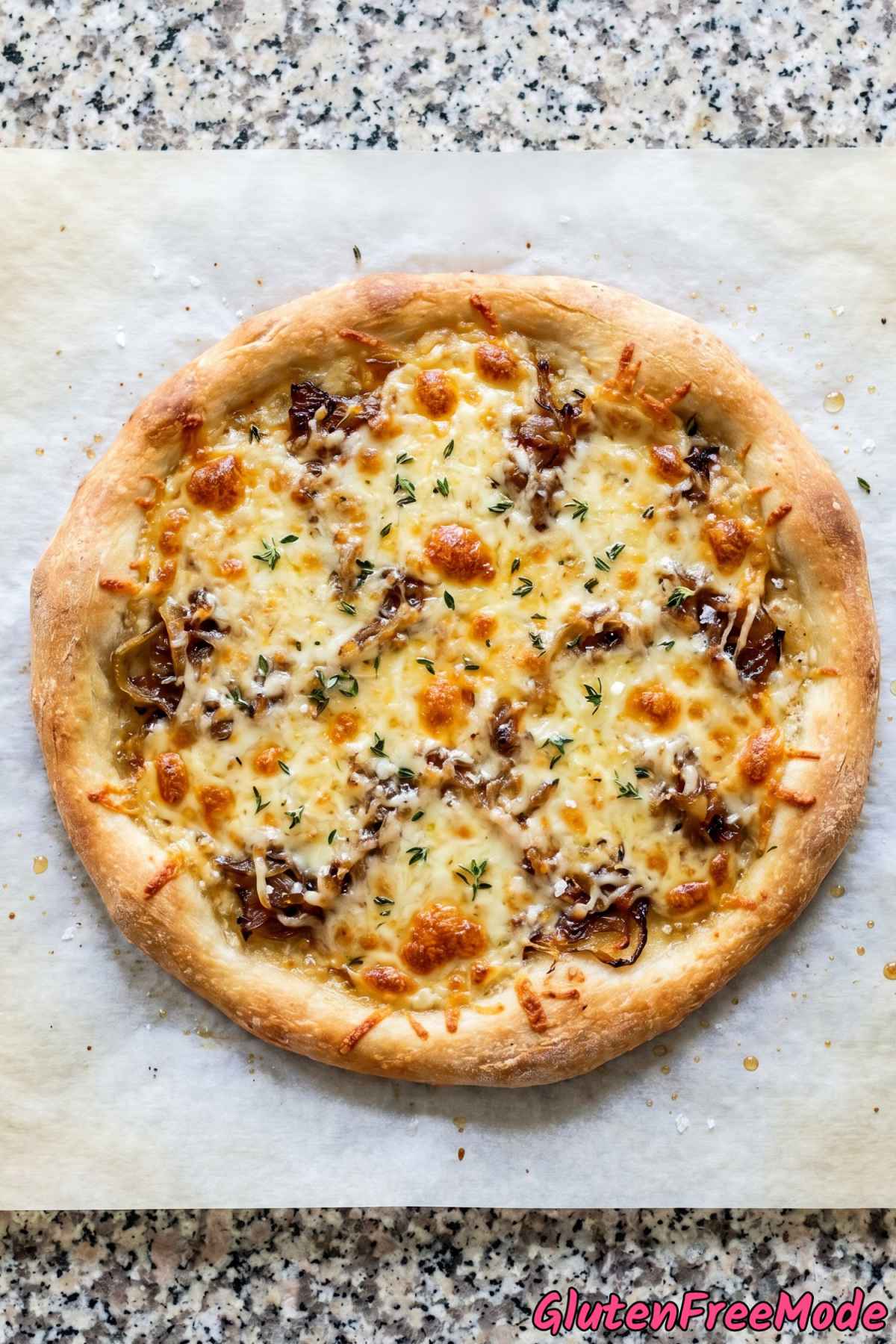 Savory gluten free French onion soup pizza