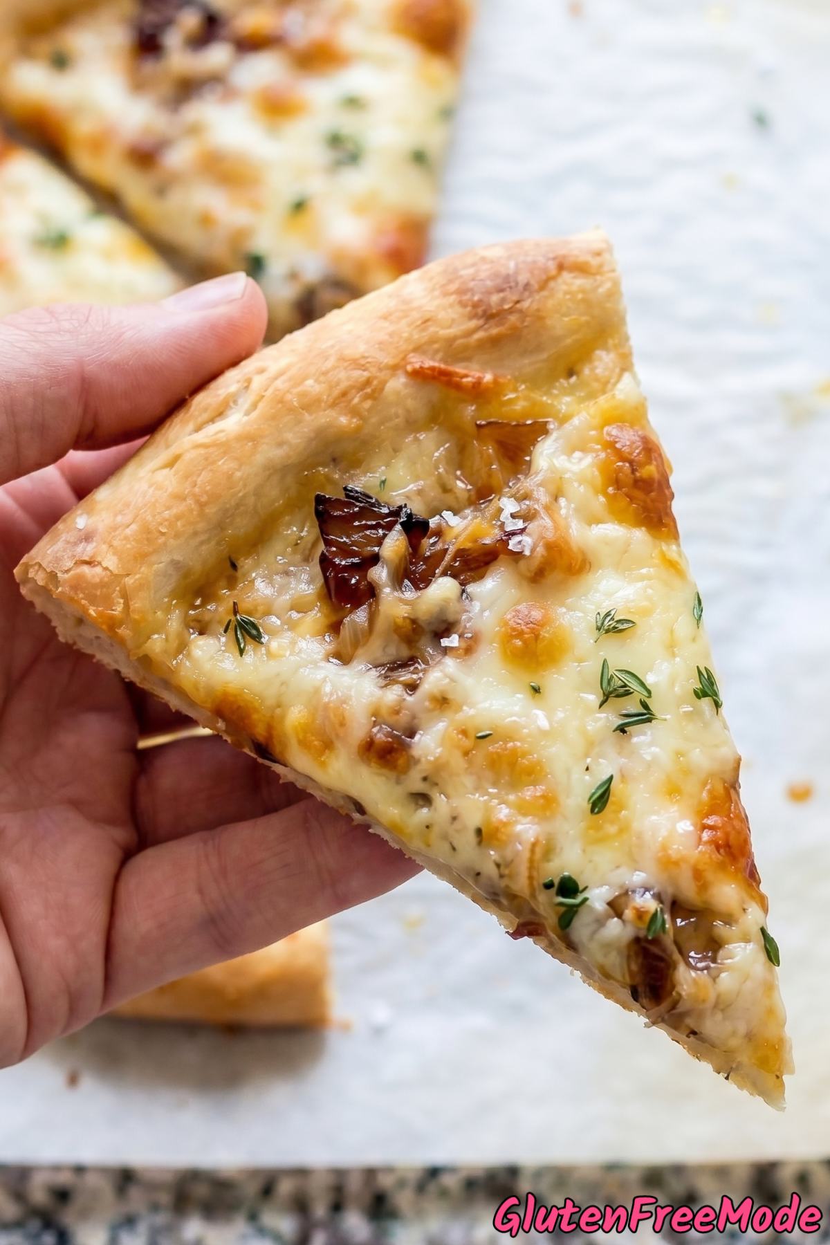 Golden gluten free French onion soup pizza