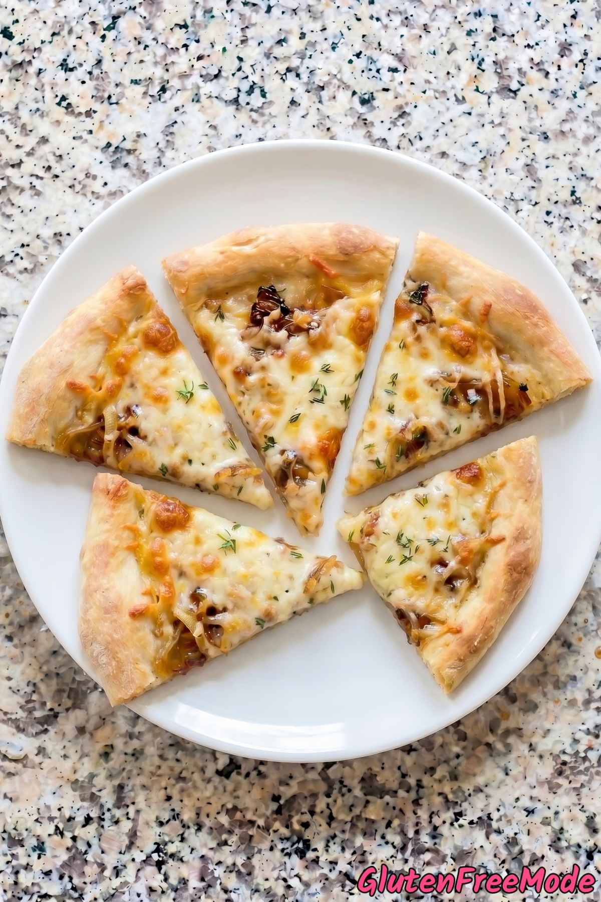 Rich gluten free French onion soup pizza