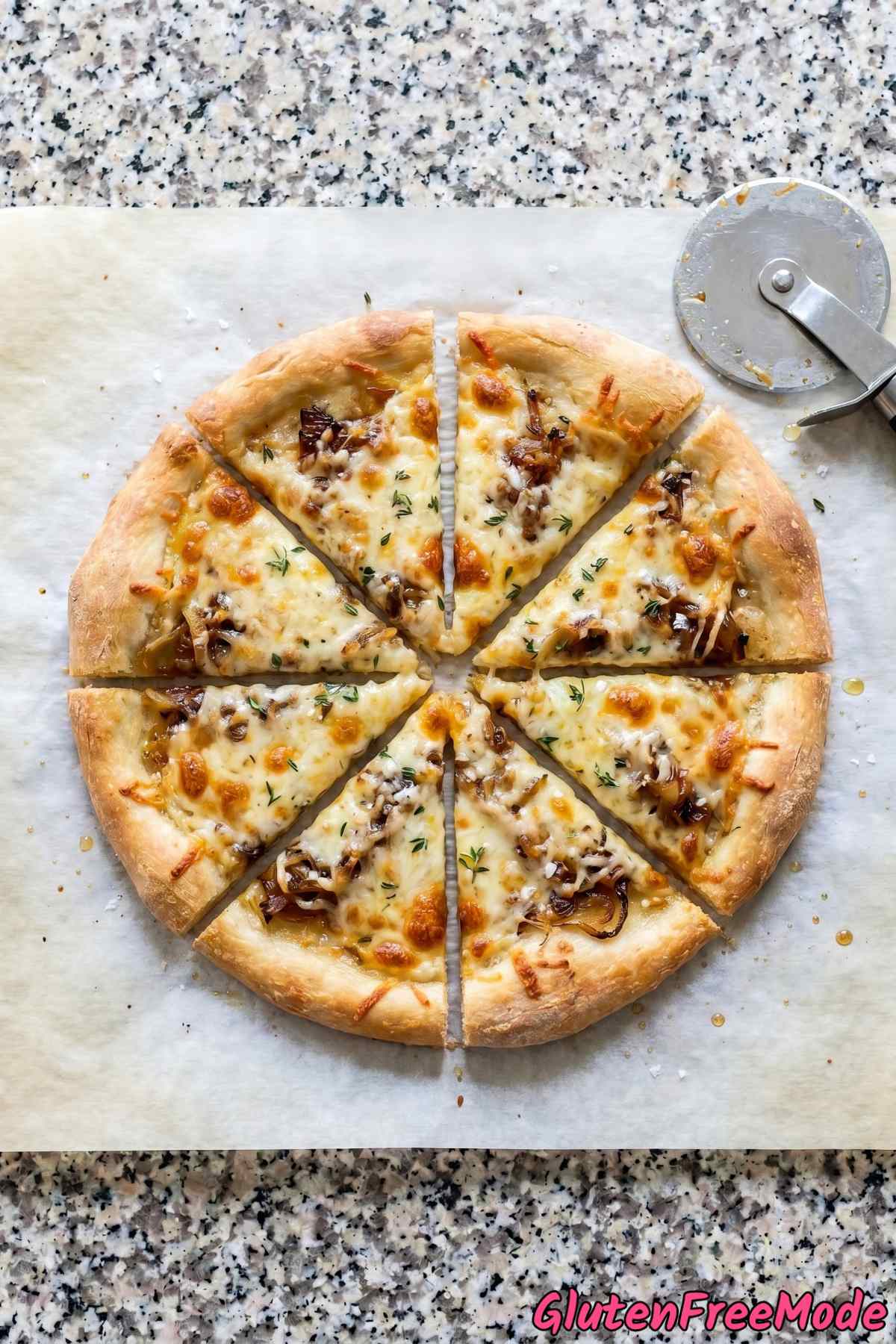 Bubbly gluten free French onion soup pizza