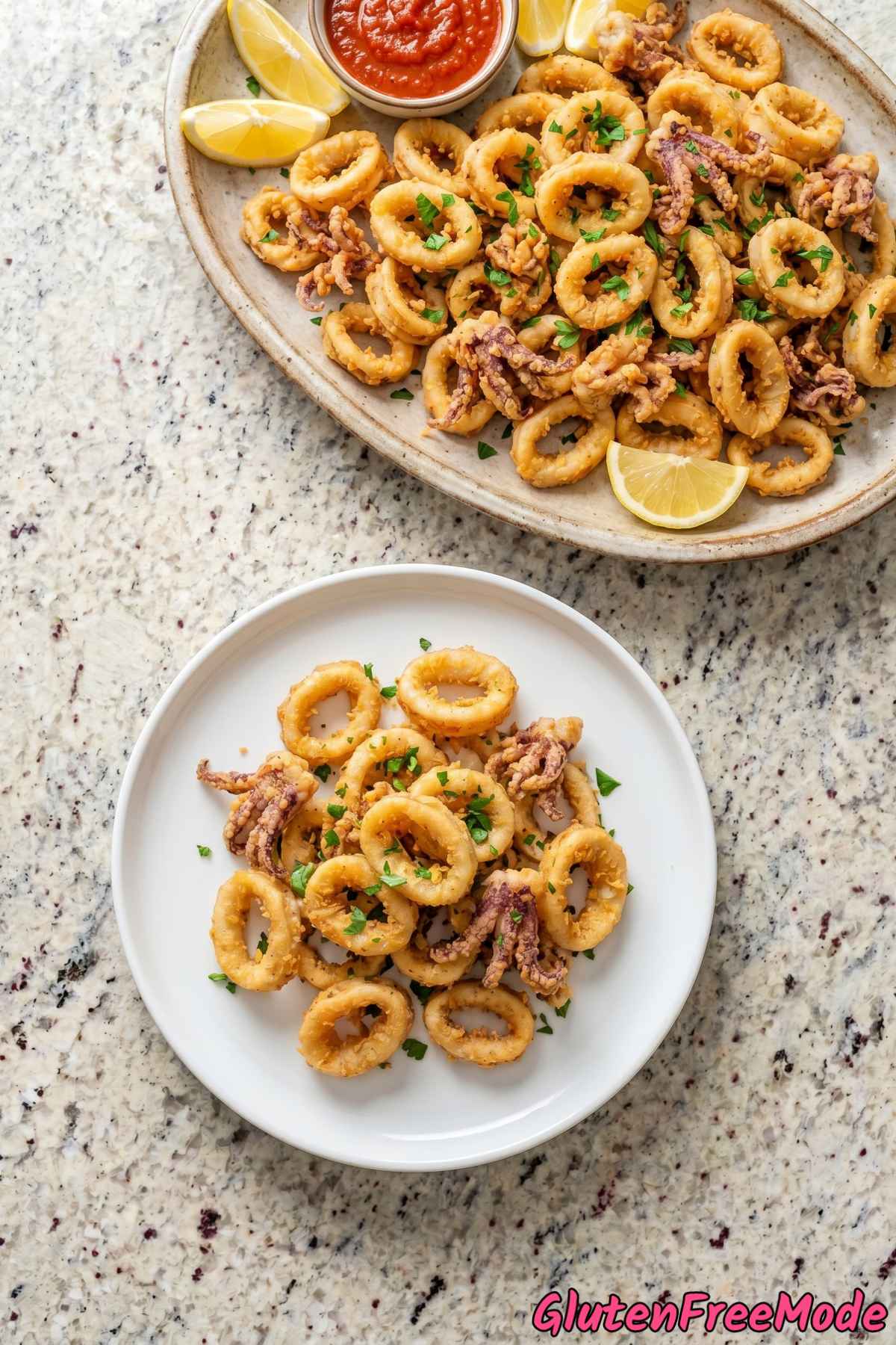Savory gluten free fried calamari closeup