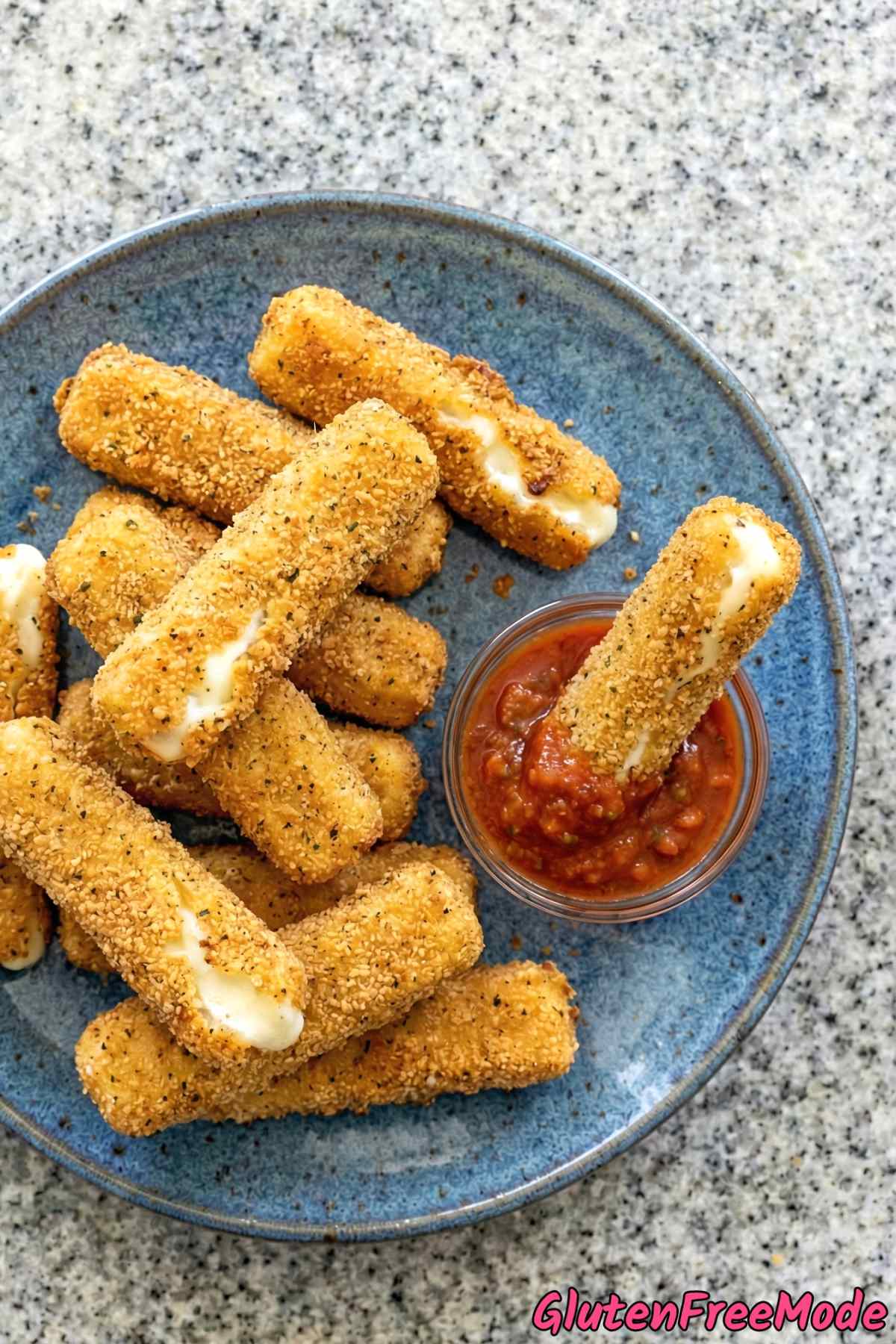 Warm gluten free fried mozzarella sticks