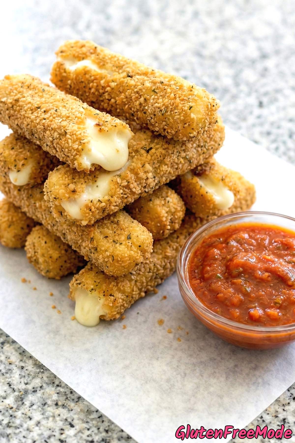 Savory gluten free fried mozzarella sticks