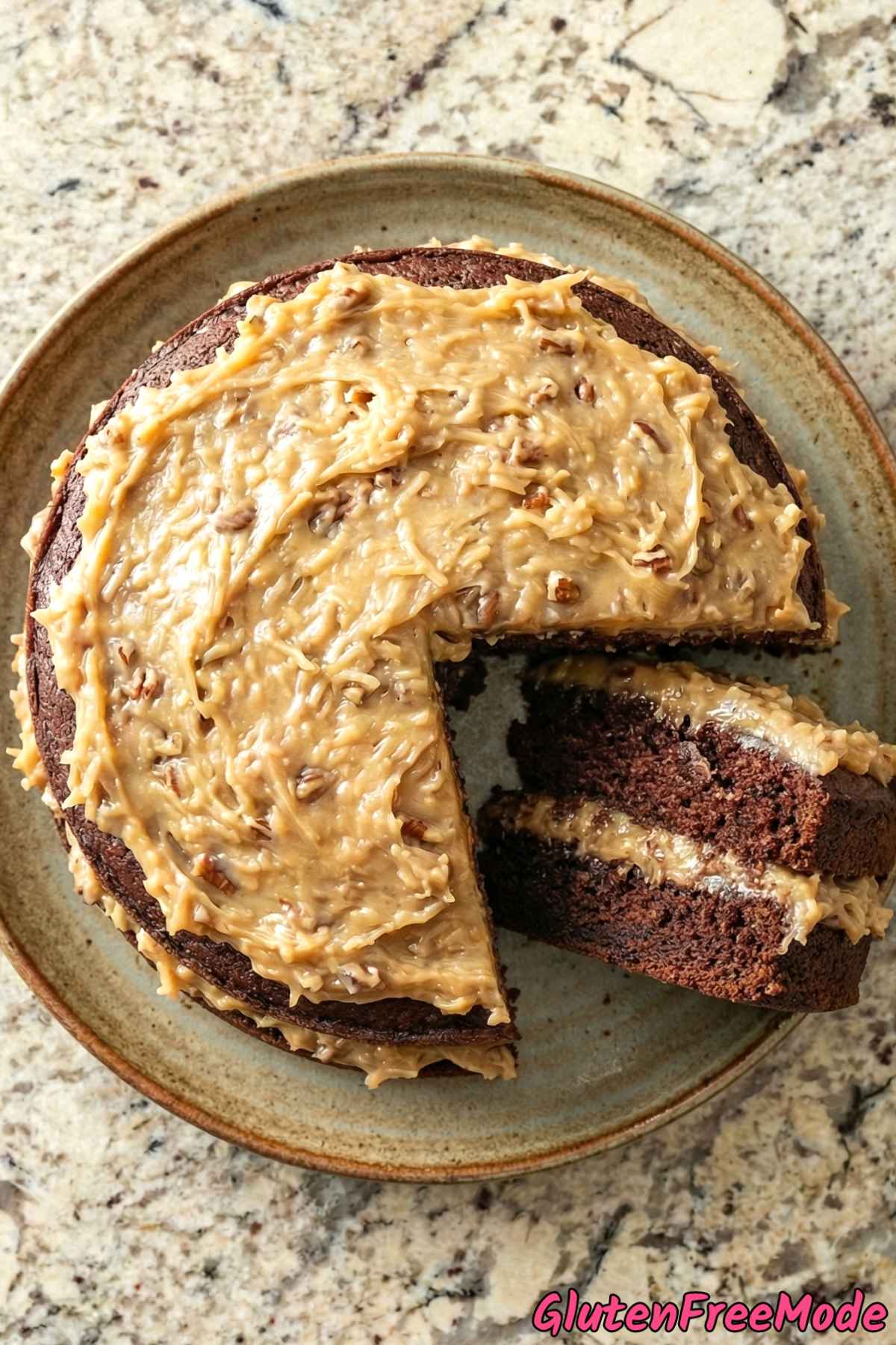 Tender gluten free German chocolate cake slice