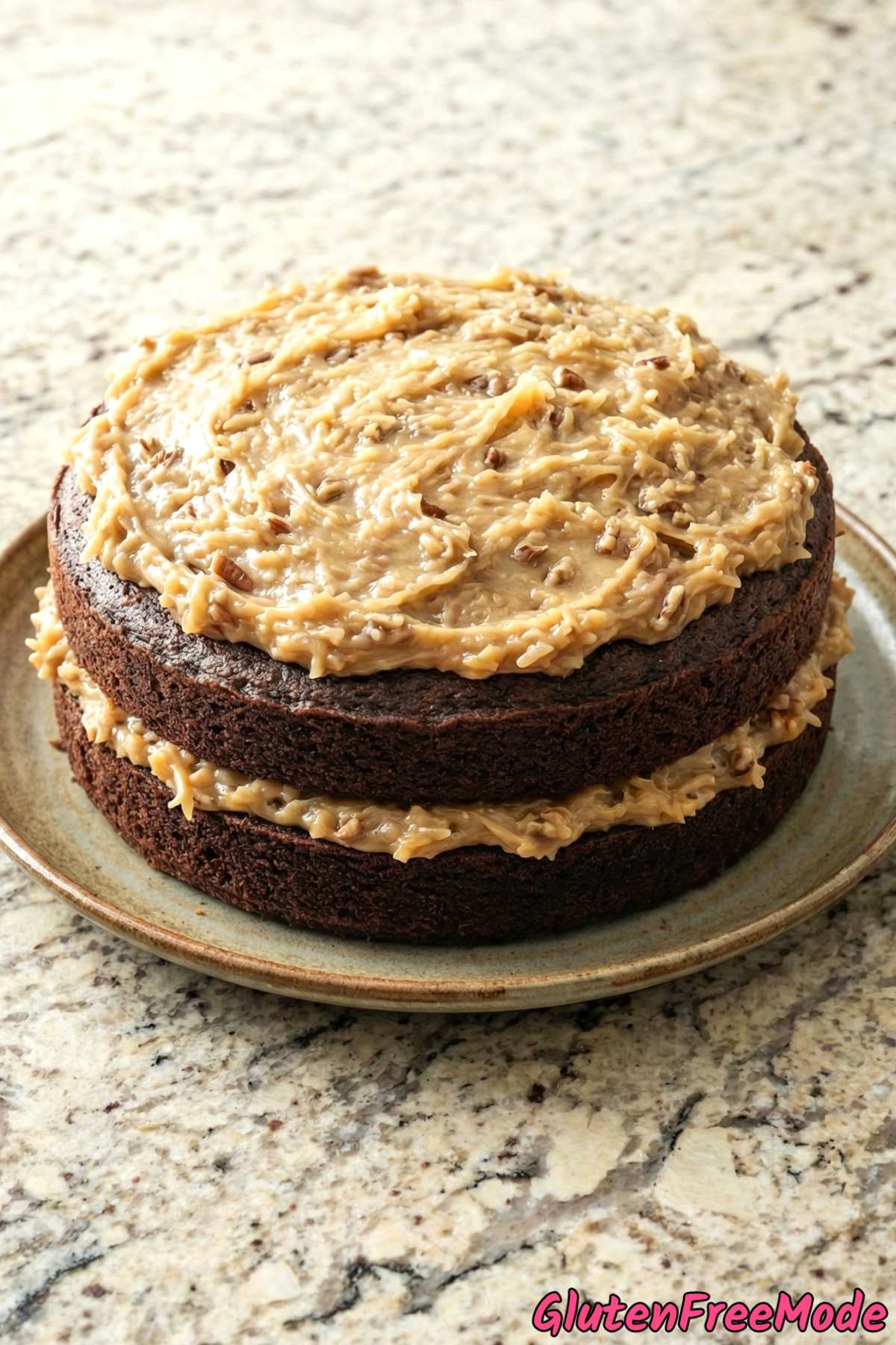 Moist gluten free German chocolate cake slice