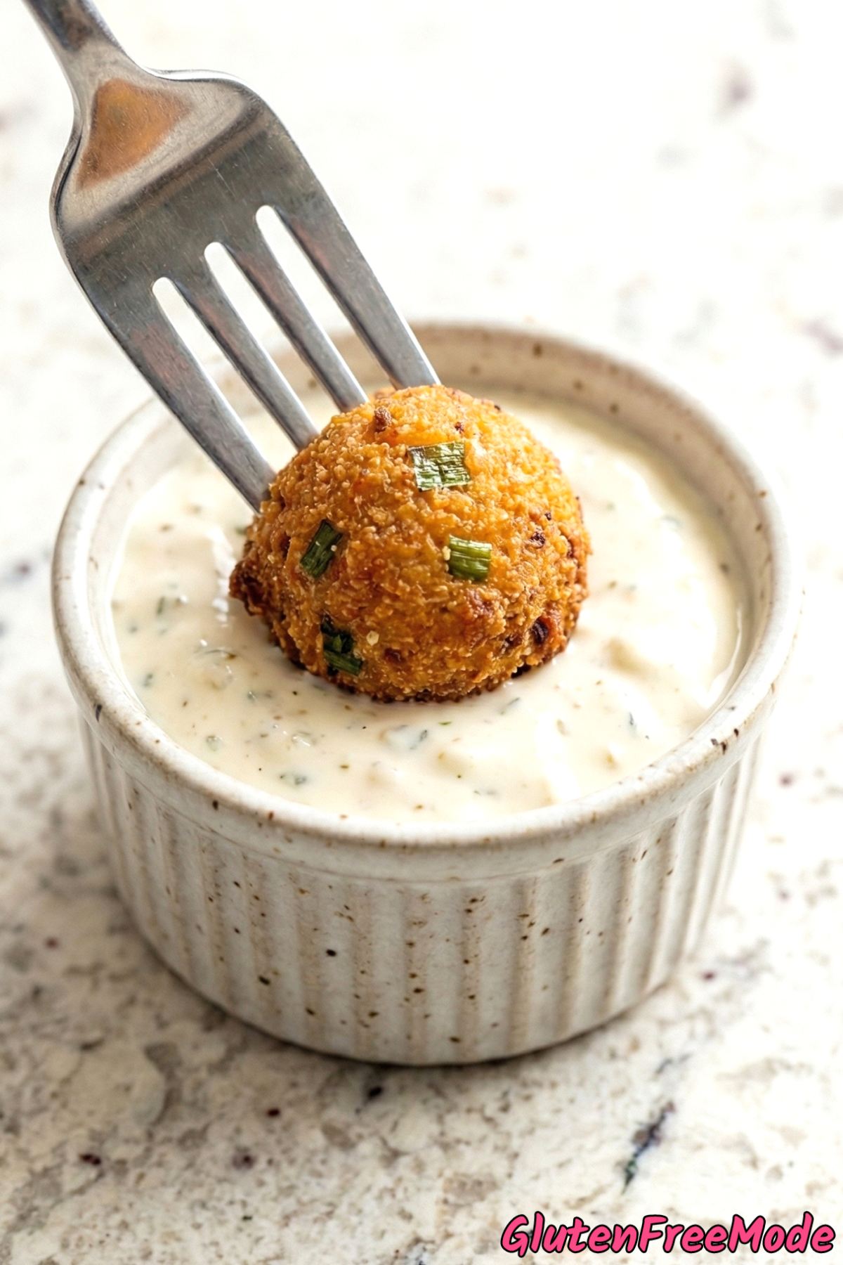 Savory gluten free hush puppies with sauce