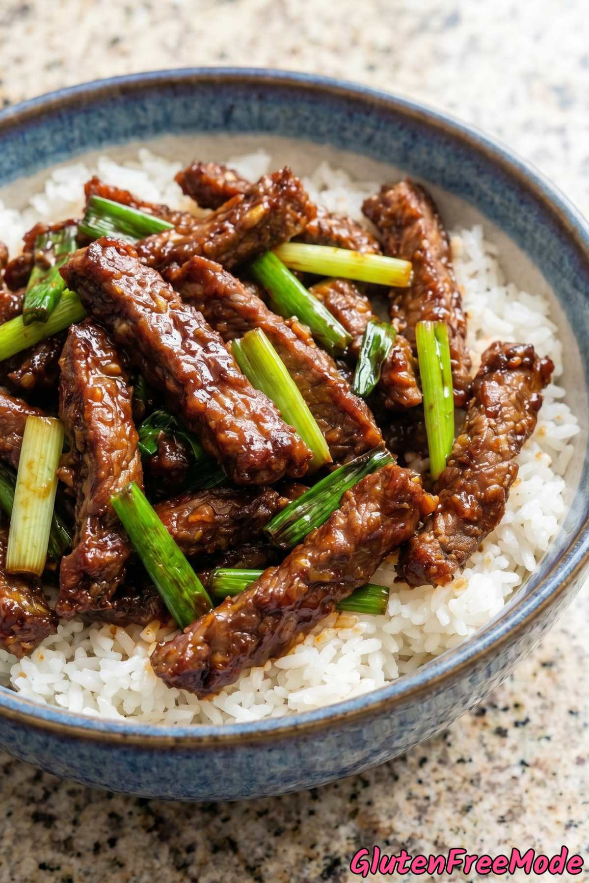 Sticky gluten free Mongolian beef close up