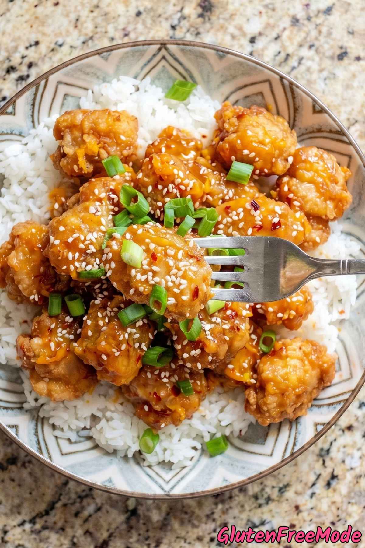Glossy gluten free orange chicken bowl