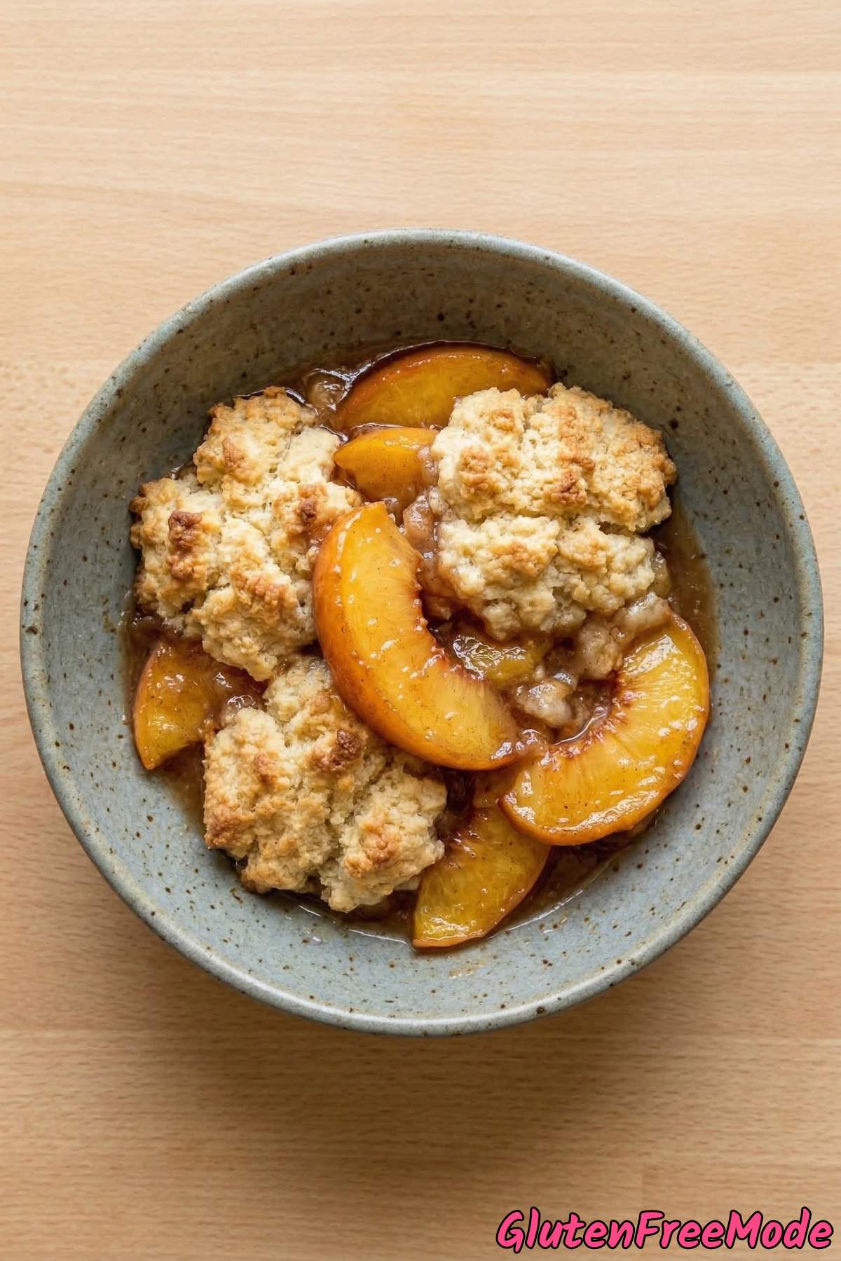 Tender gluten free peach cobbler baked