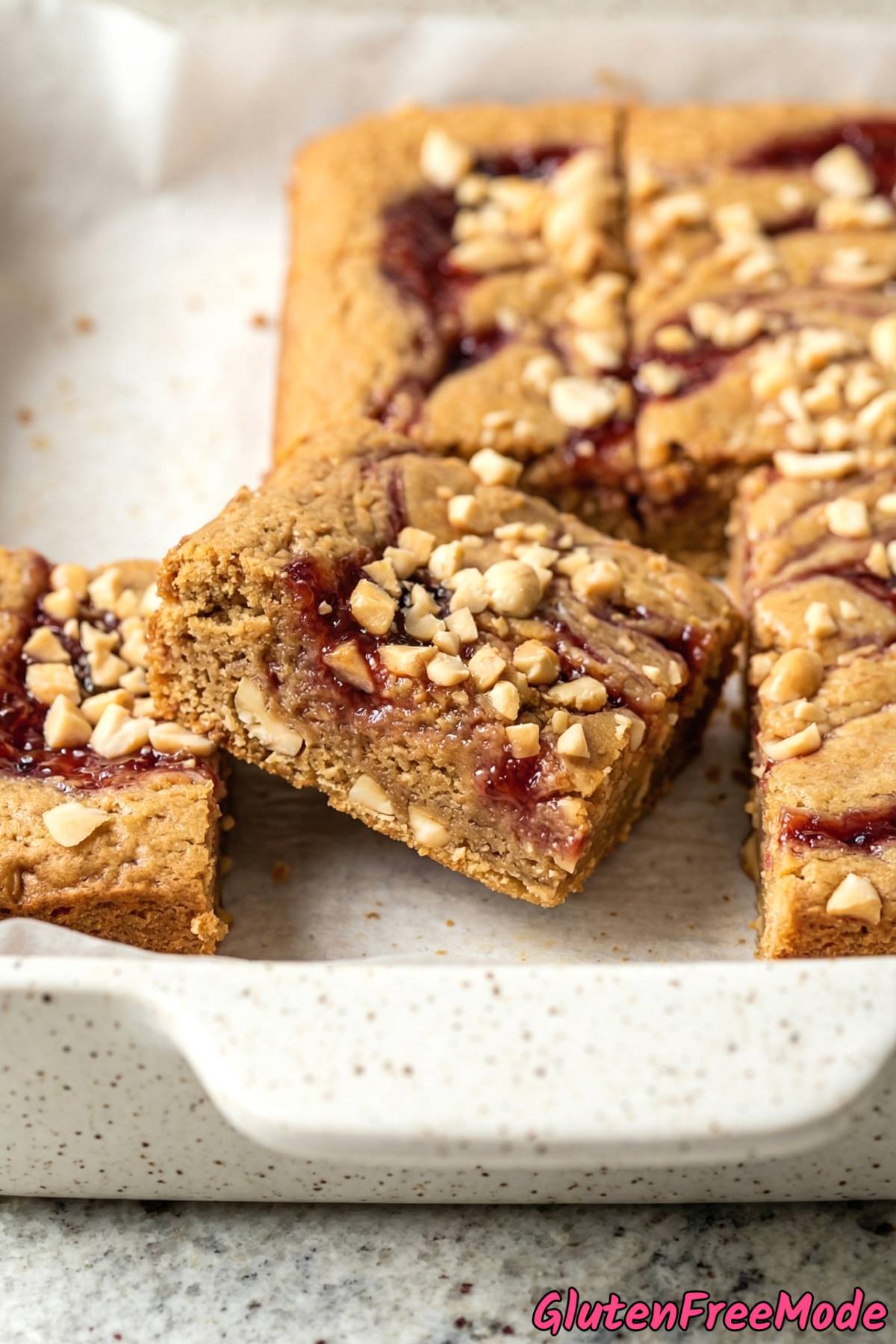 Decadent peanut butter & jelly blondies GF