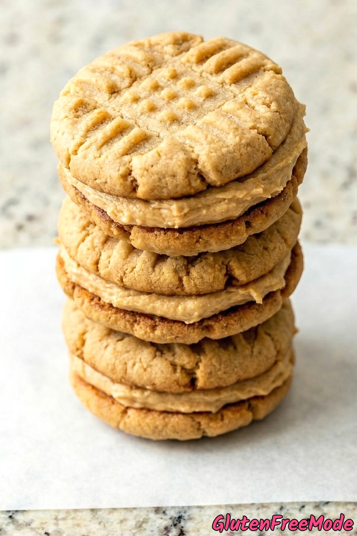 Rich peanut butter sandwich cookies stacked