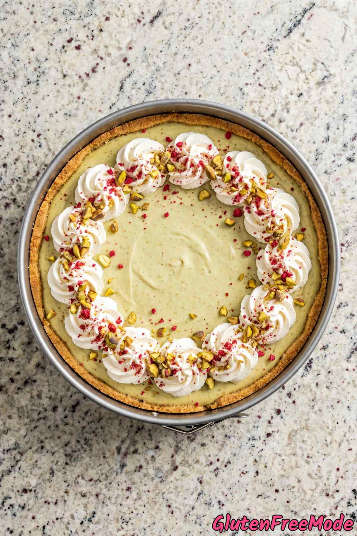 Velvety gluten free pistachio cheesecake
