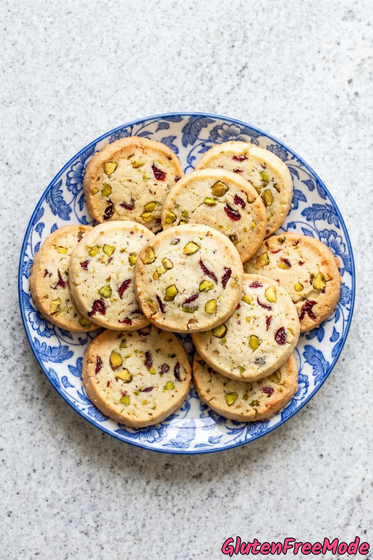 Tender gluten free pistachio cranberry shortbread