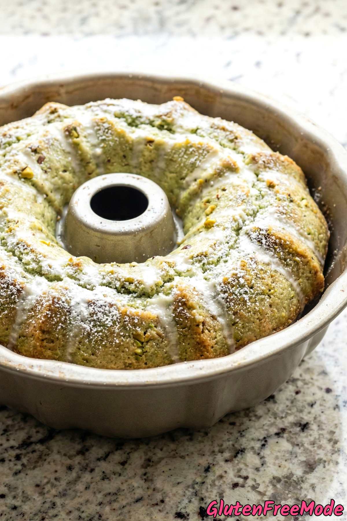 Velvety gluten free pistachio pudding cake