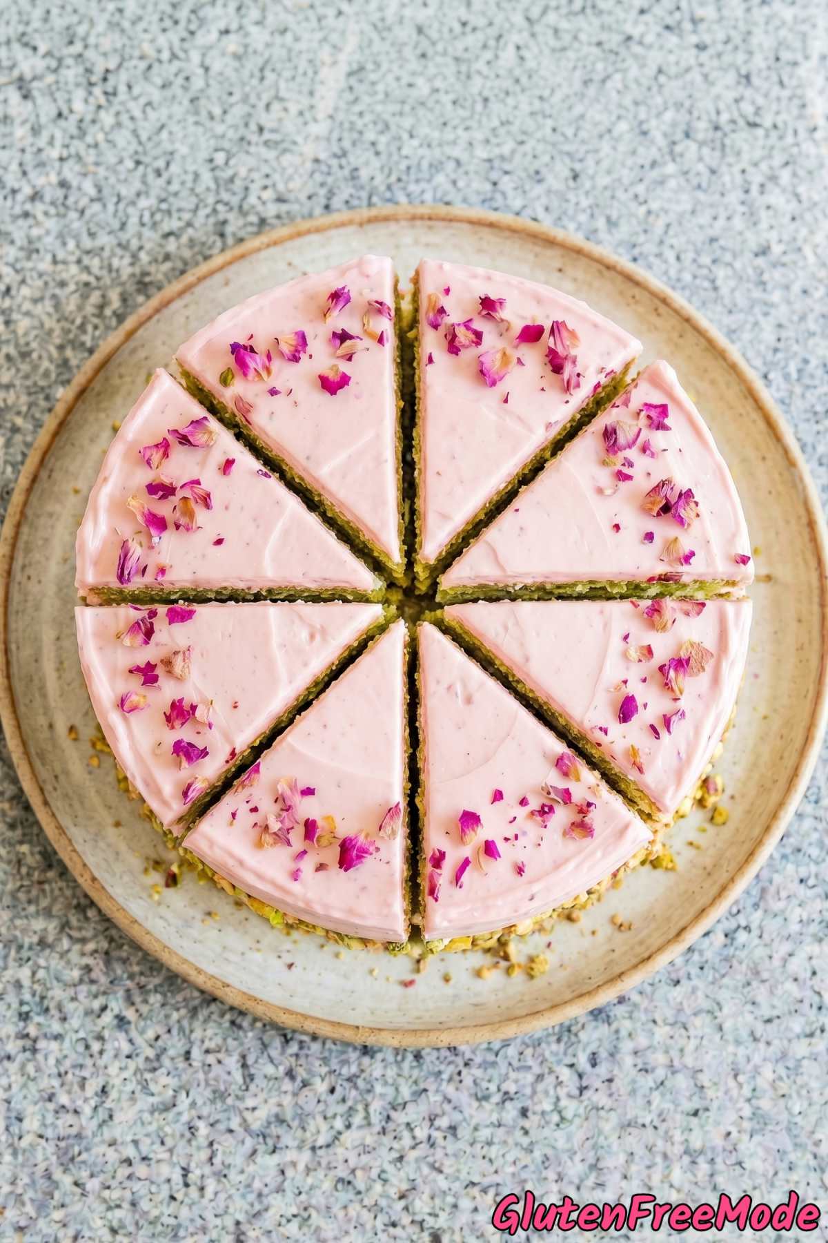 Gorgeous gluten free pistachio rose layer cake